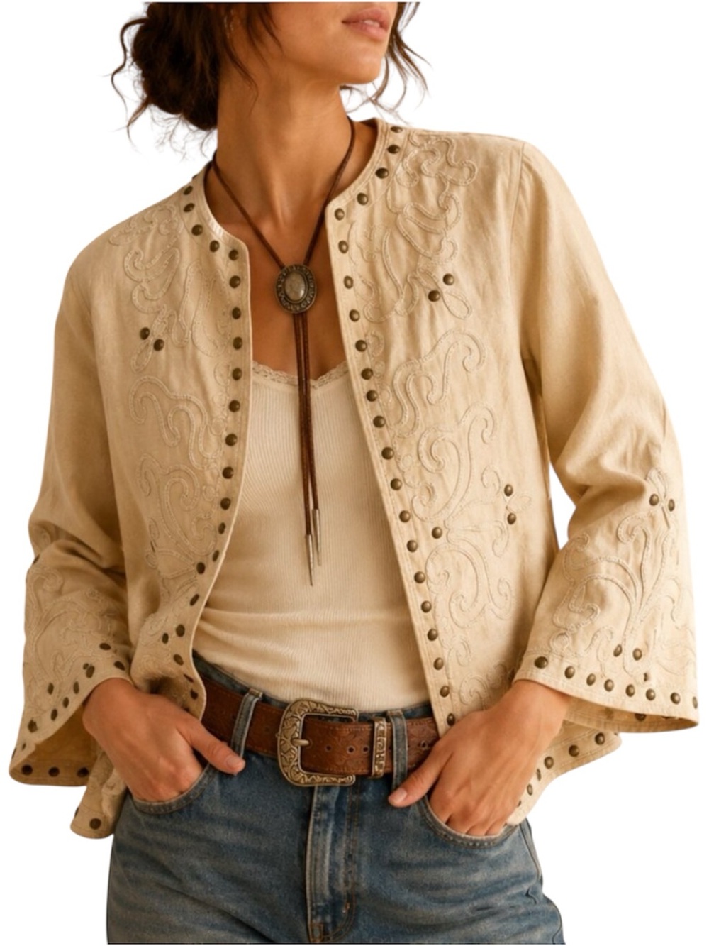 Vintage Ellen Tracy Embroidered Linen Jacket Ivory Western Style